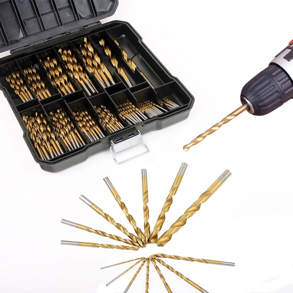 Set of drill bits in a black case with a drill bit being used, on a white background.