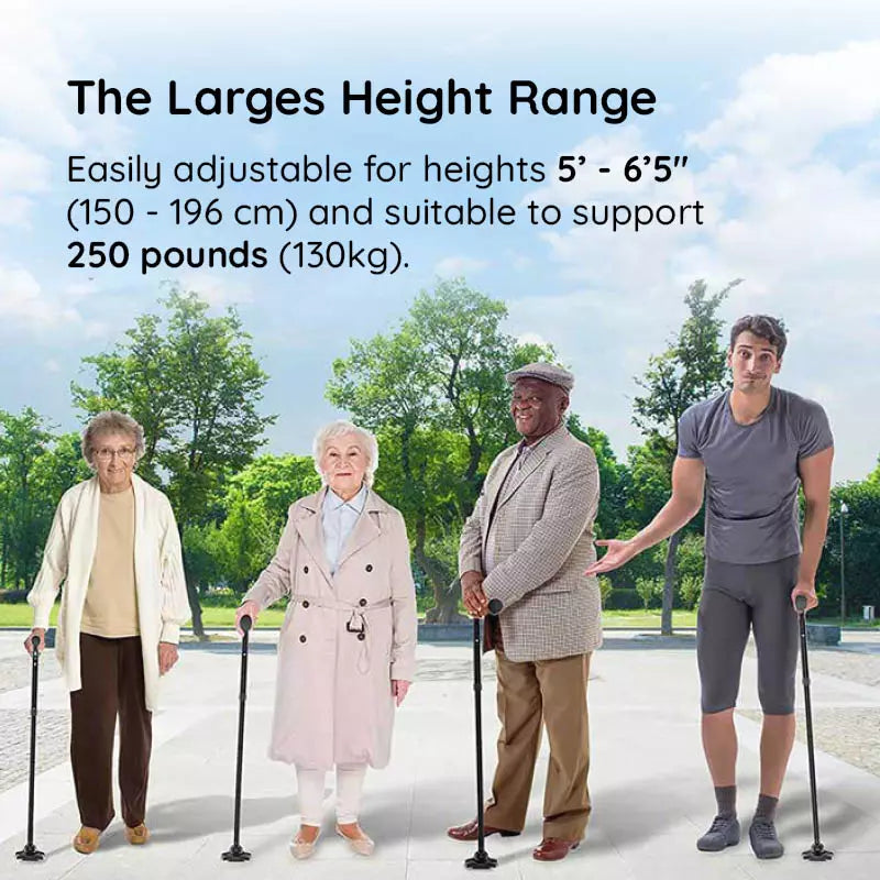Four people using walking sticks with text about height range and weight support.