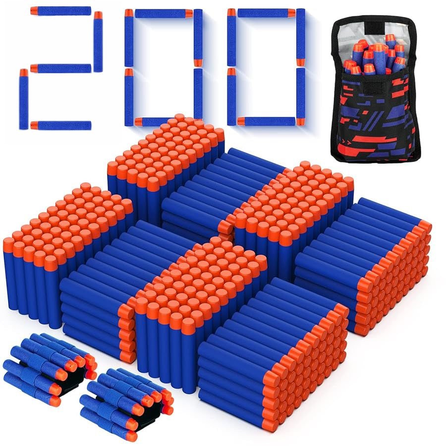 Assorted blue and orange foam darts with packaging on a white background