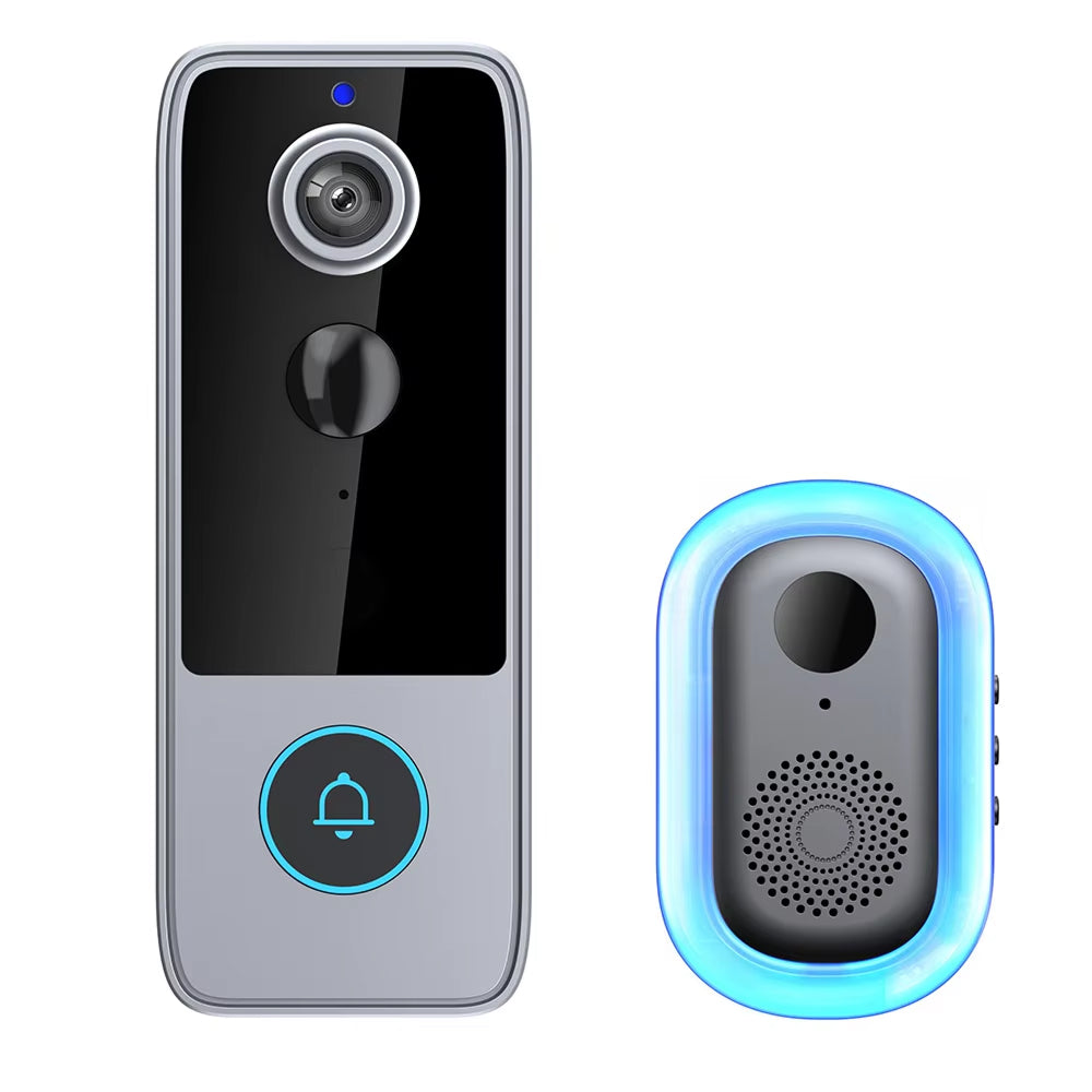 Smart doorbell system with camera and remote unit on a white background