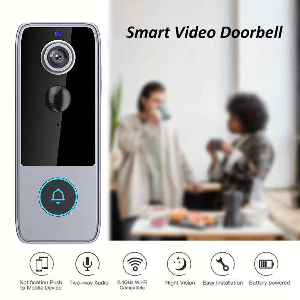 Smart video doorbell with features listed on a white background
