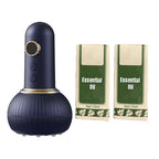 Navy blue device with gold accents and two boxes of essential oil on a white background