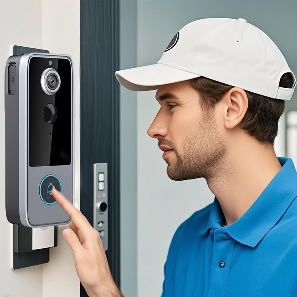 Man using a smart doorbell on a modern building exterior