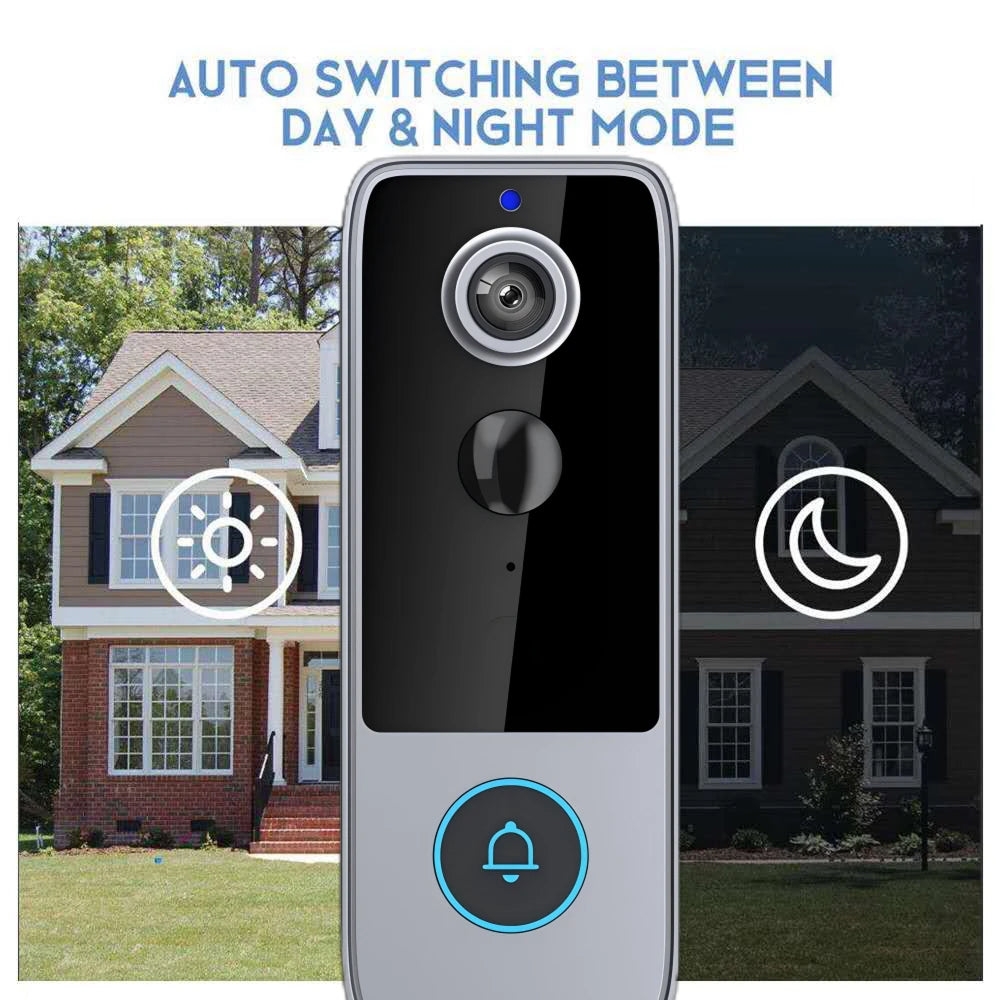 Smart doorbell with auto switching between day and night mode text on a house background