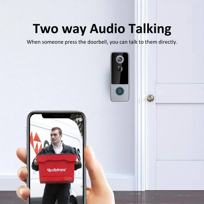 Smart doorbell with smartphone app showing a person with a delivery box, and text about two-way audio talking.