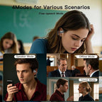 Woman using wireless earbuds in a classroom setting with text indicating different modes.