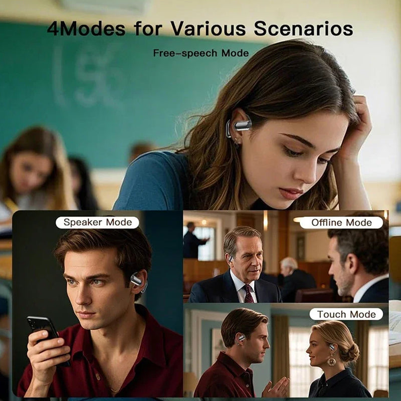 Woman using wireless earbuds in a classroom setting with text indicating different modes.