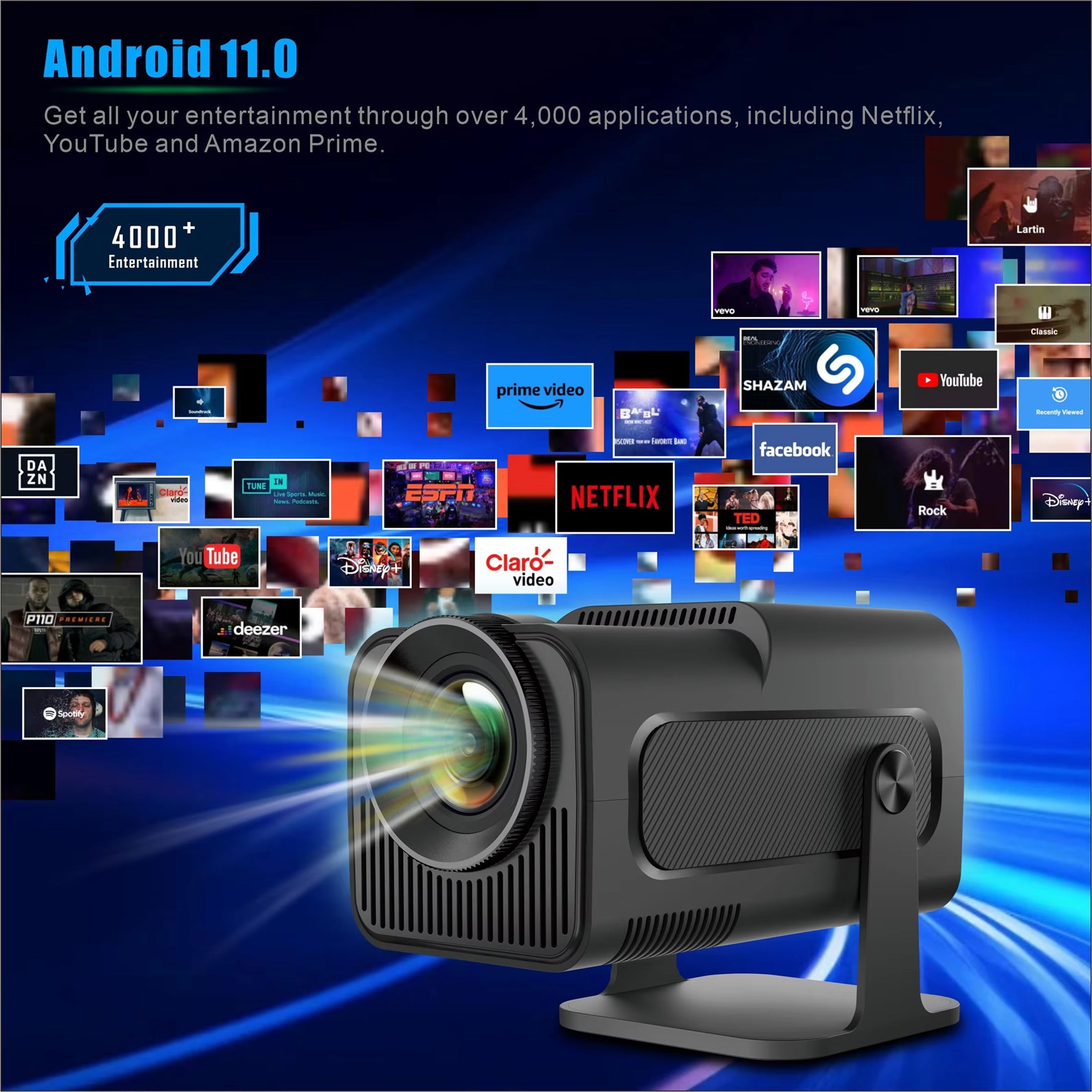 Projector with Android 11.0 display showing various app icons on a blue background