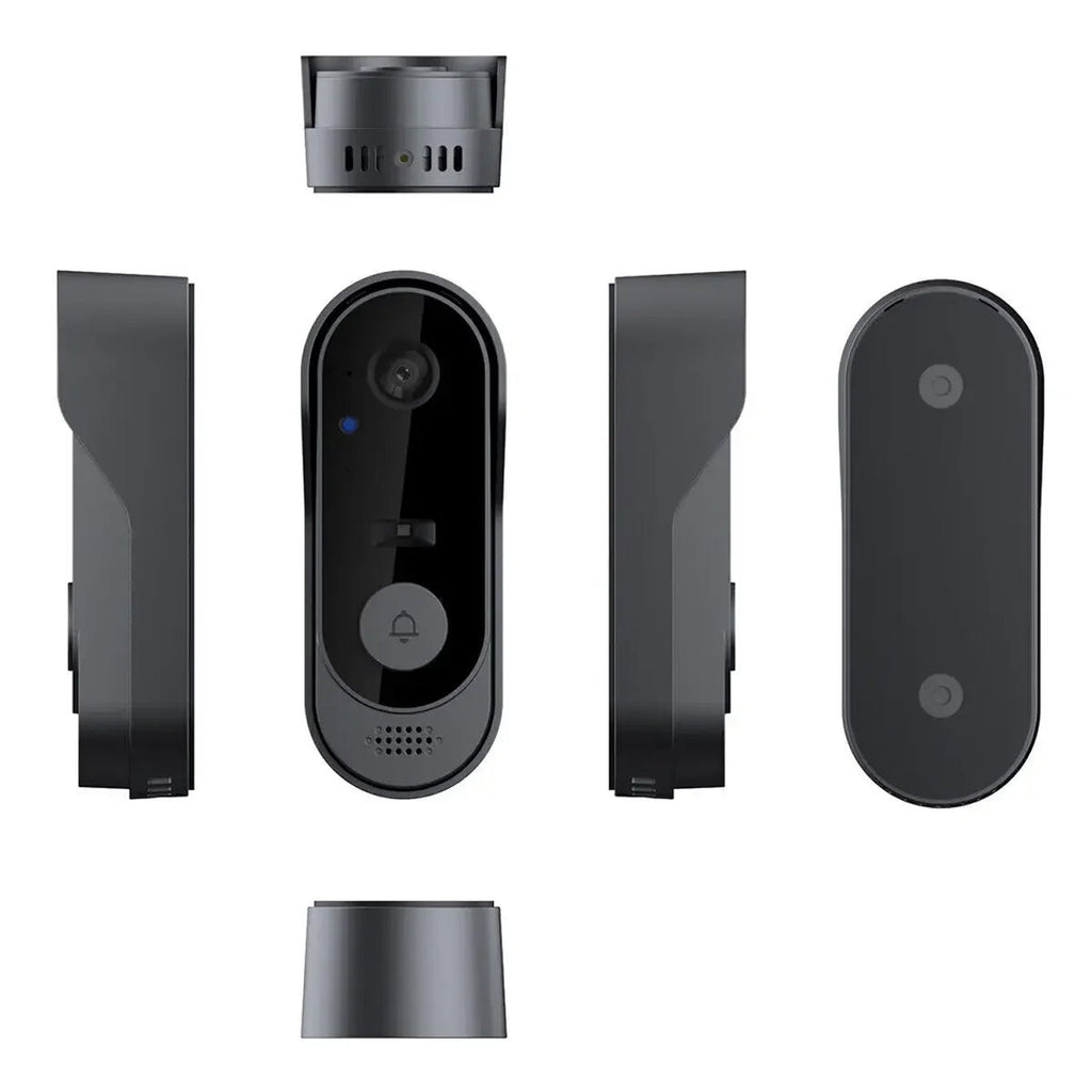 Set of black doorbell components on a white background
