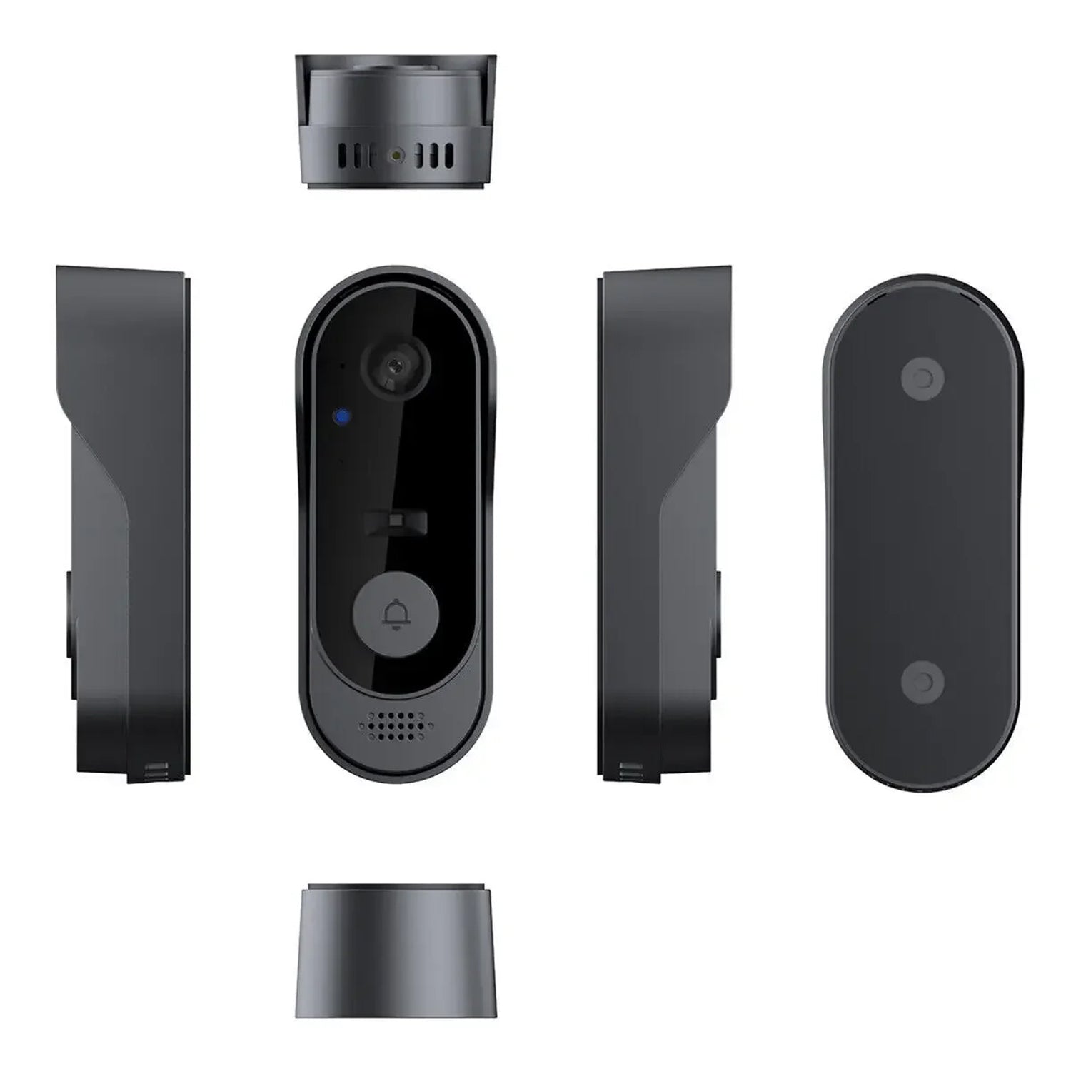 Set of black doorbell components on a white background