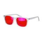 Sunglasses with red lenses and clear frame on a white background