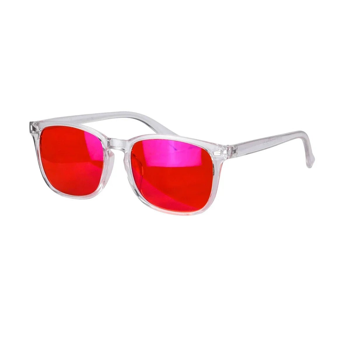 Sunglasses with red lenses and clear frame on a white background