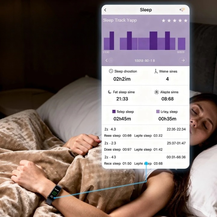 Person lying in bed with a smartphone displaying sleep tracking app