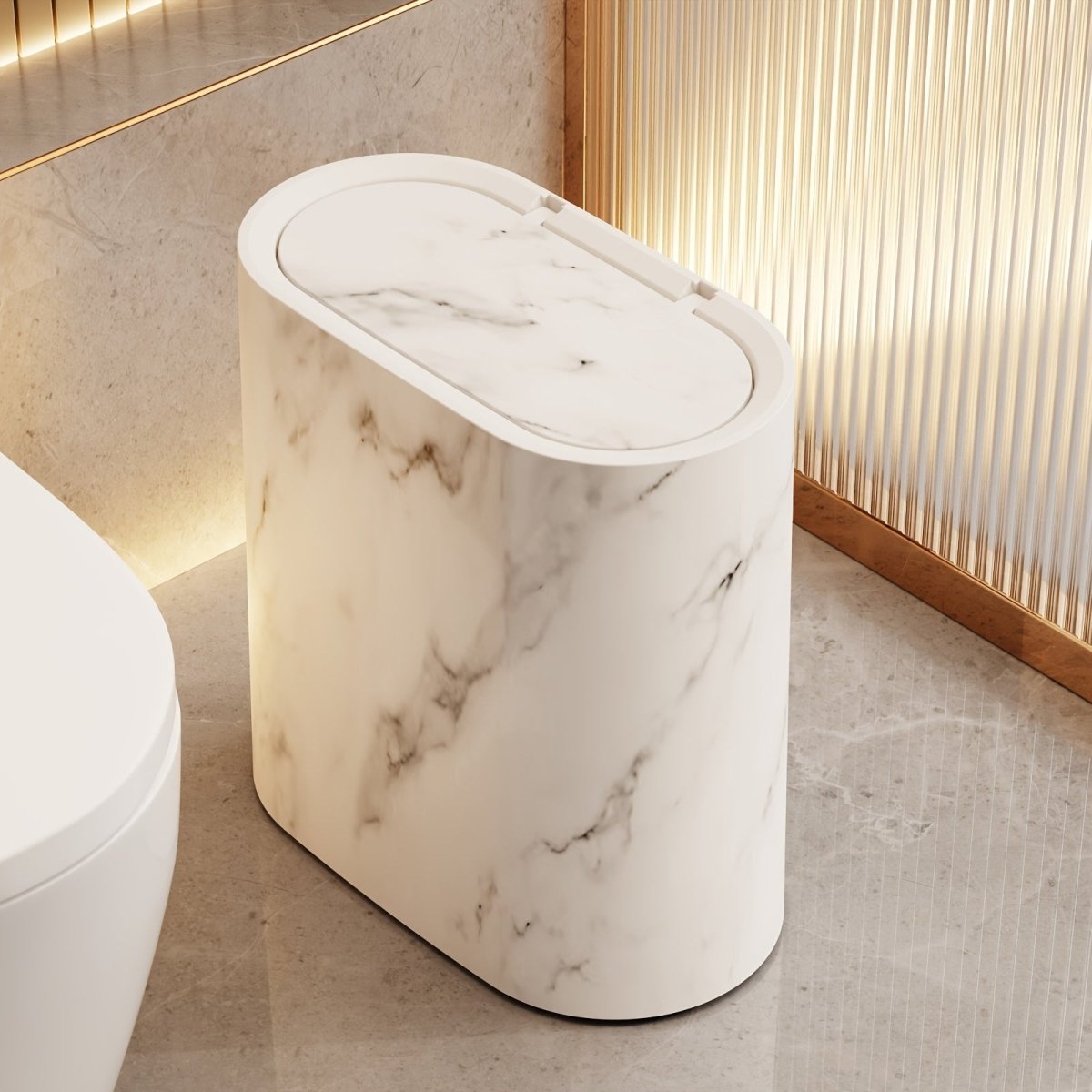 Marble-patterned trash can in a bathroom setting