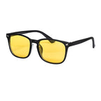 Sunglasses with yellow lenses and black frames on a white background