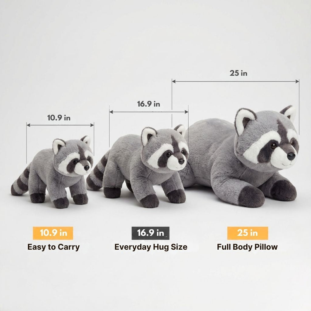 Three sizes of plush raccoons with dimensions and descriptions on a white background