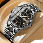 Luxury watch with black dial and silver metal strap on a wrist