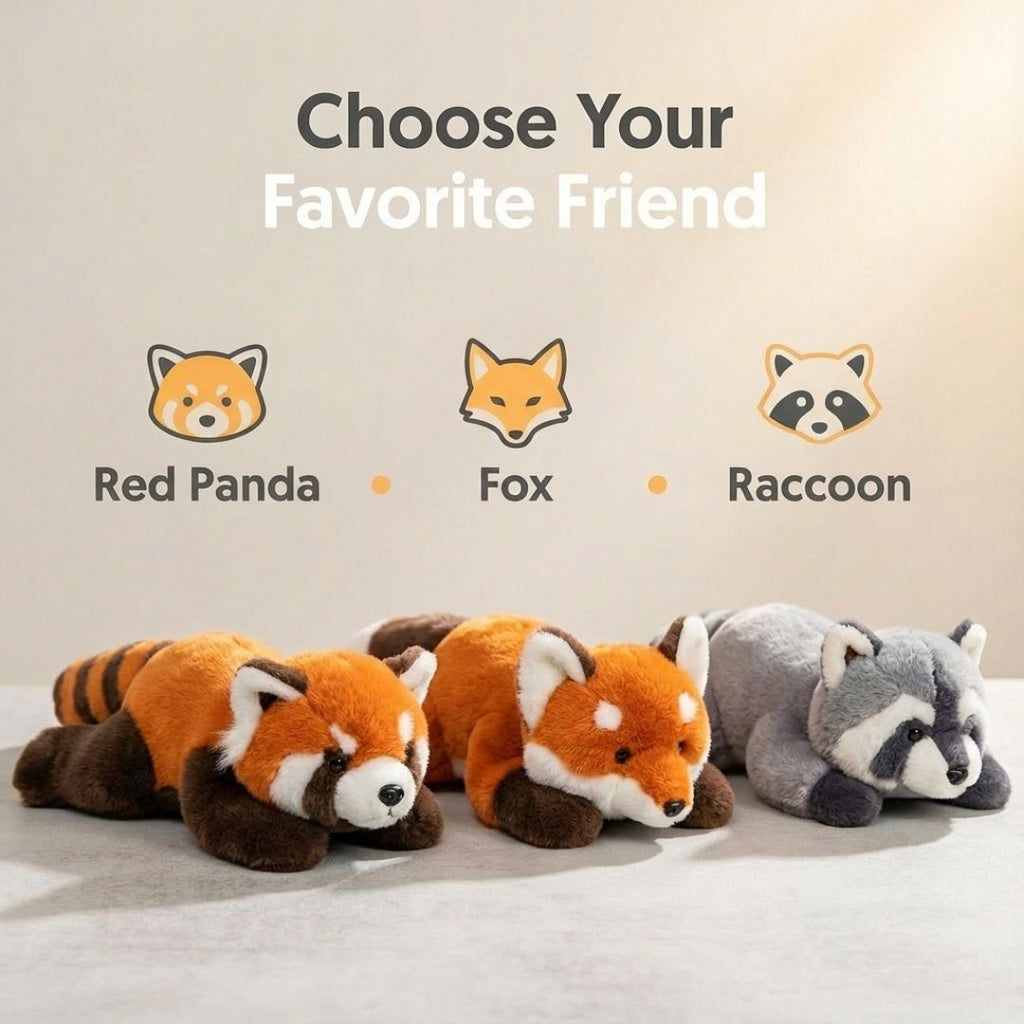 Plush toys of a red panda, fox, and raccoon with text 'Choose Your Favorite Friend' on a light background.