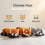 Plush toys of a red panda, fox, and raccoon with text 'Choose Your Favorite Friend' on a light background.