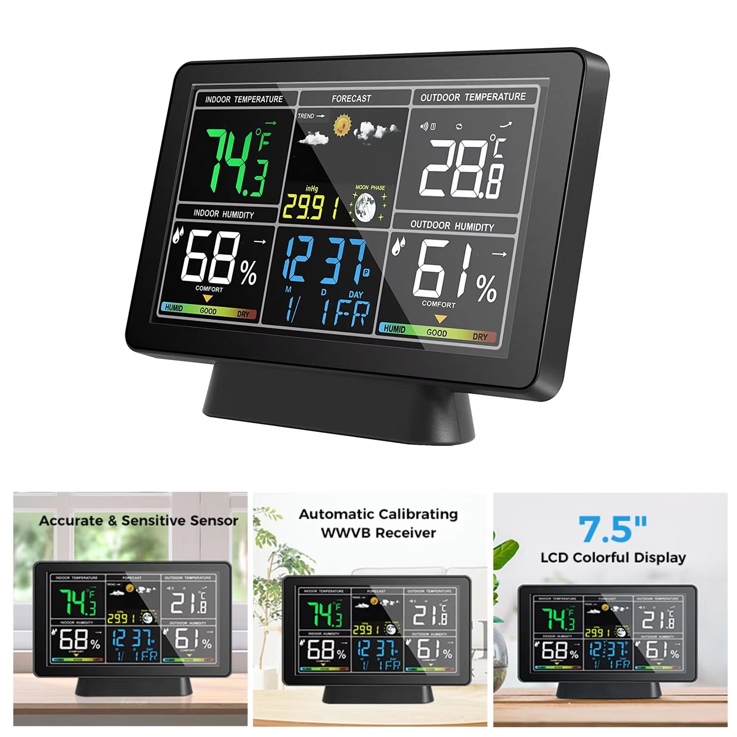 Digital weather station with large display showing temperature, humidity, and forecast.