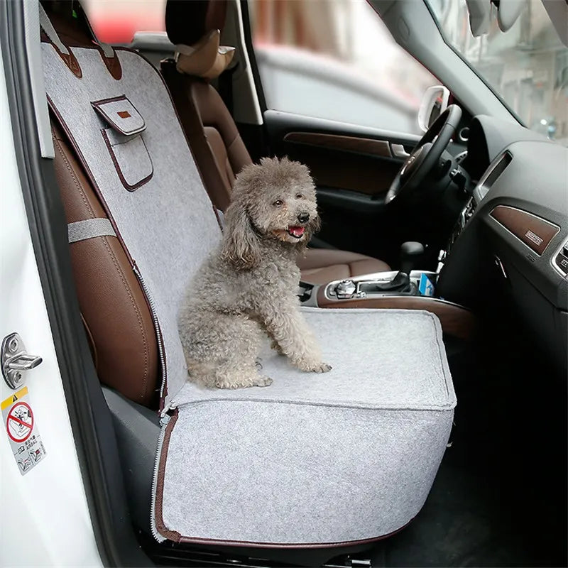 Dog sitting on a car seat cover in a vehicle