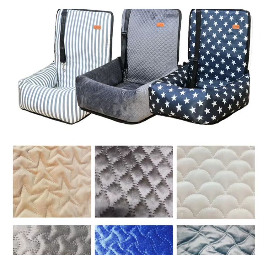 Three car seat covers with different patterns and textures displayed on a white background.