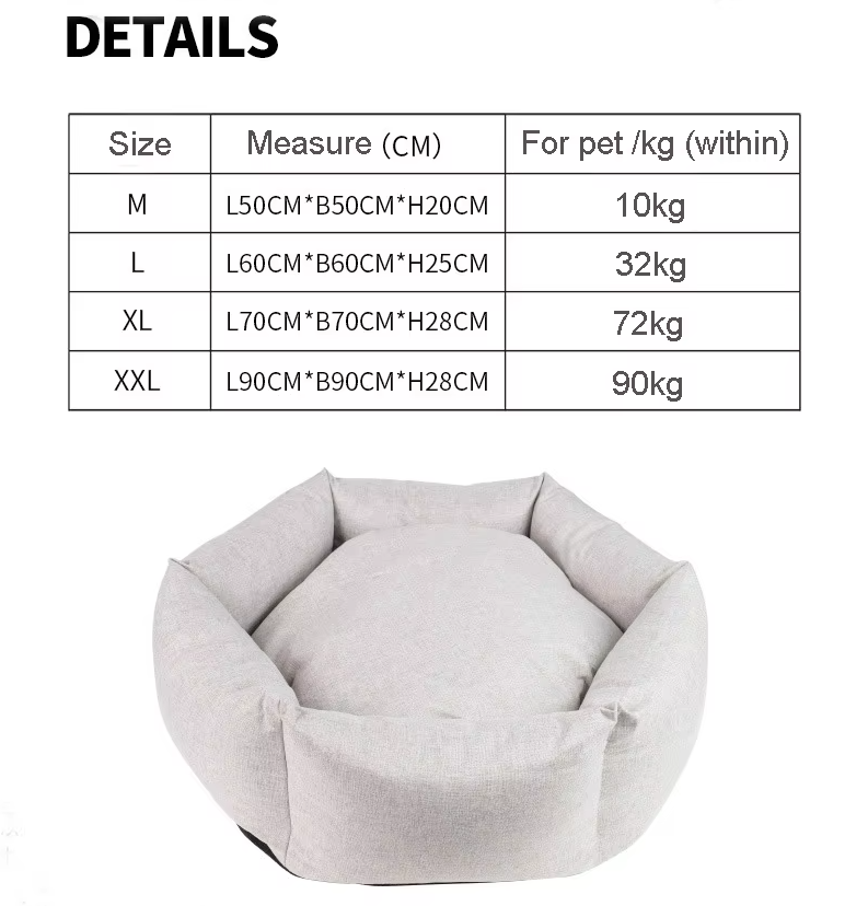 Pet bed with size chart on a white background