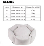 Pet bed with size chart on a white background