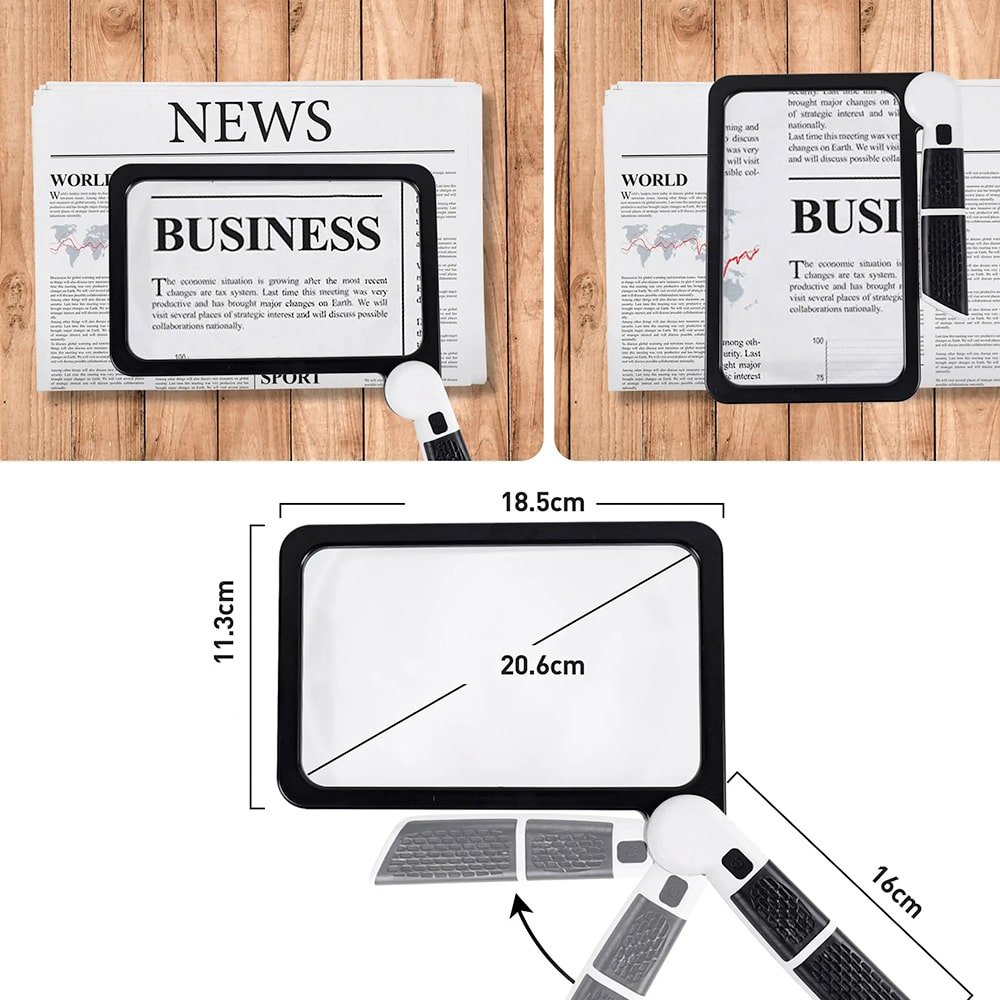 Digital display device on a wooden surface with newspaper mockup, dimensions, and product details.