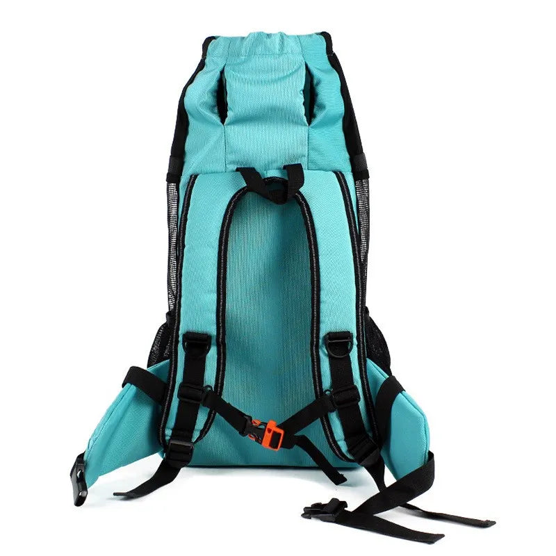 Turquoise backpack with black straps on a white background