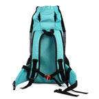 Turquoise backpack with black straps on a white background