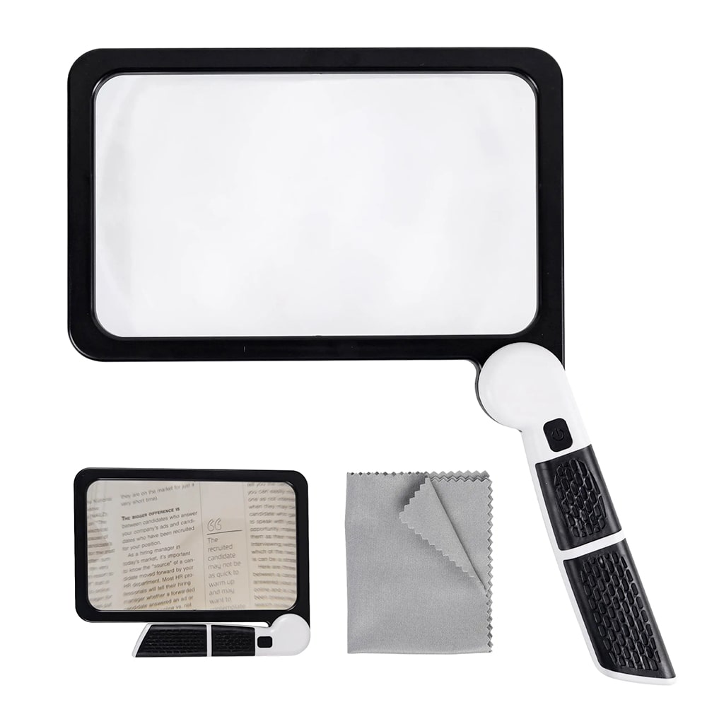 Set of cleaning tools including a magnifying glass, lamp, and cleaning cloth on a white background