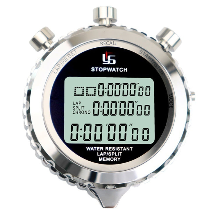 Digital stopwatch with a metallic finish on a white background