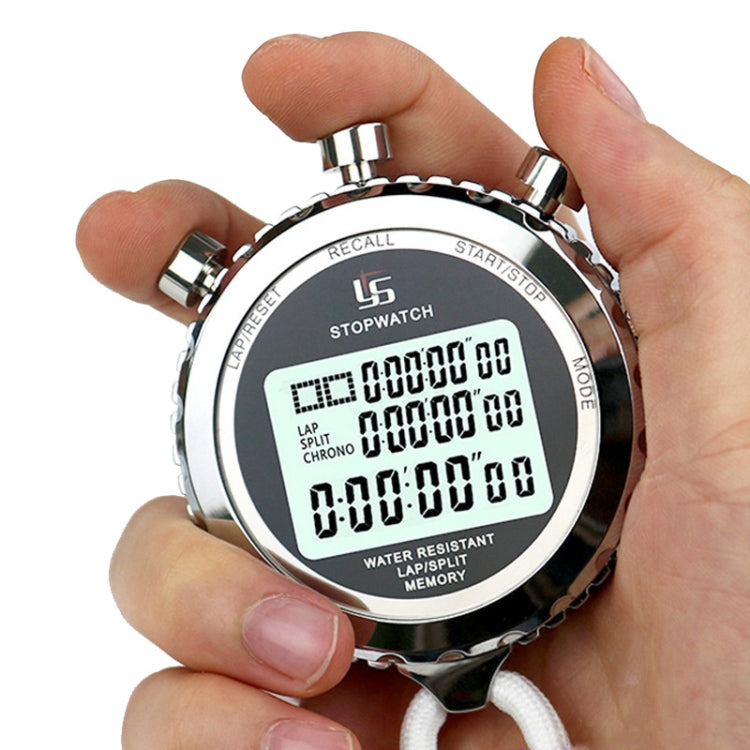 Digital stopwatch held in a hand with a white background