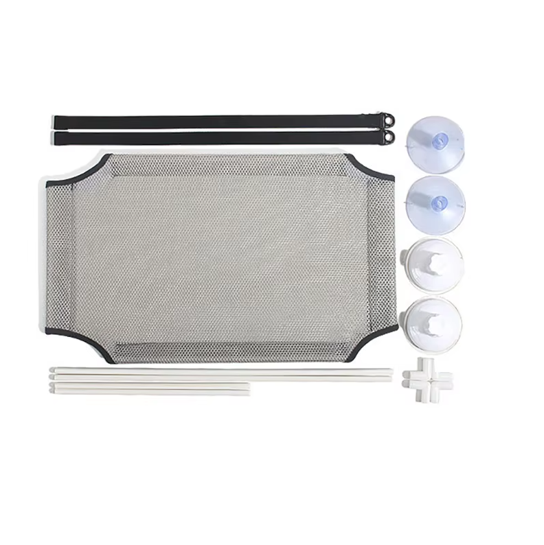Car window sunshade with mesh design and suction cups on a white background