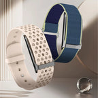 Two watch straps, one beige with holes and one blue, on a neutral background.