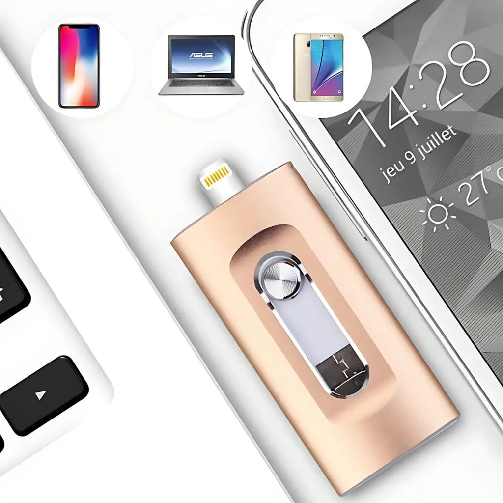 Rose gold USB drive in packaging with smartphone and tablet icons in the background