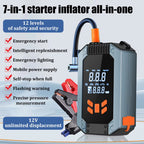7-in-1 starter inflator all-in-one device with safety features and digital display on a white background.
