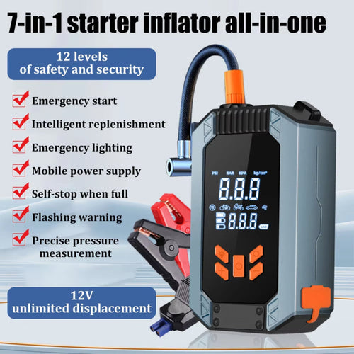 7-in-1 starter inflator all-in-one device with safety features and digital display on a white background.