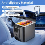 Car-mounted refrigerator with fruits inside, placed on a car seat with text highlighting its features.