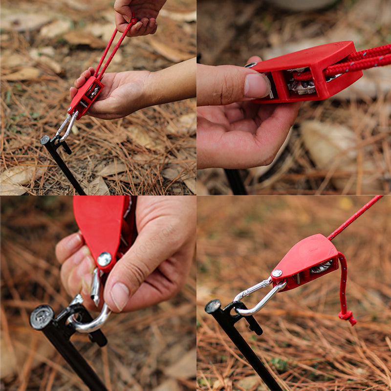 Red camping anchor tool being used in various angles on a natural background.