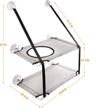 Two-tiered pet stand with dimensions labeled on a white background