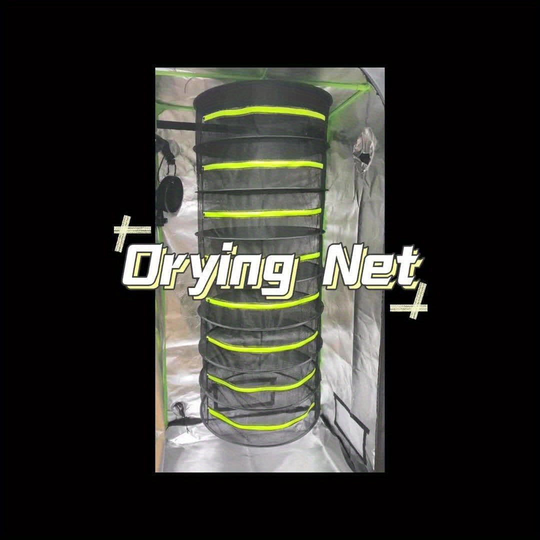 Drying net with text overlay on a black background