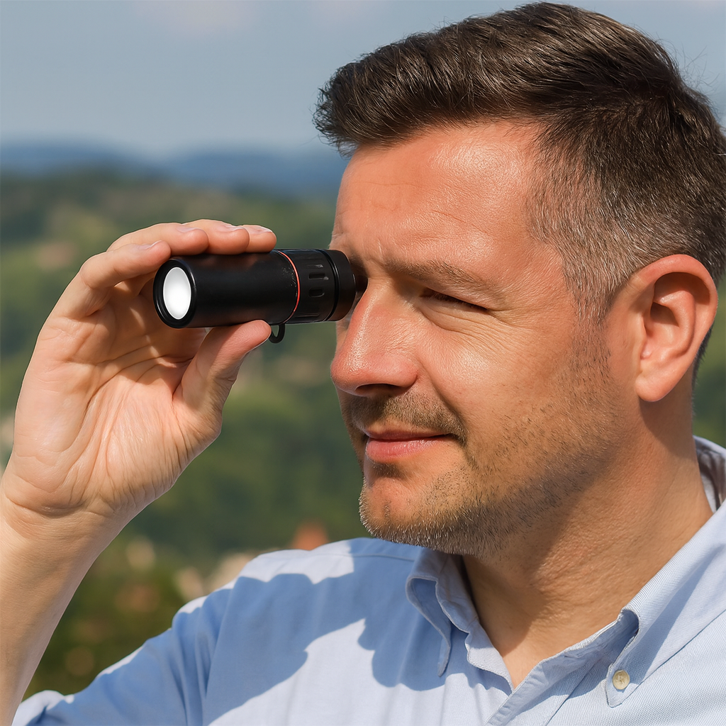 Man using a binoculars with a scenic background
