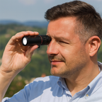 Man using a binoculars with a scenic background