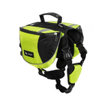 Yellow and black dog harness with a visible brand logo on a white background