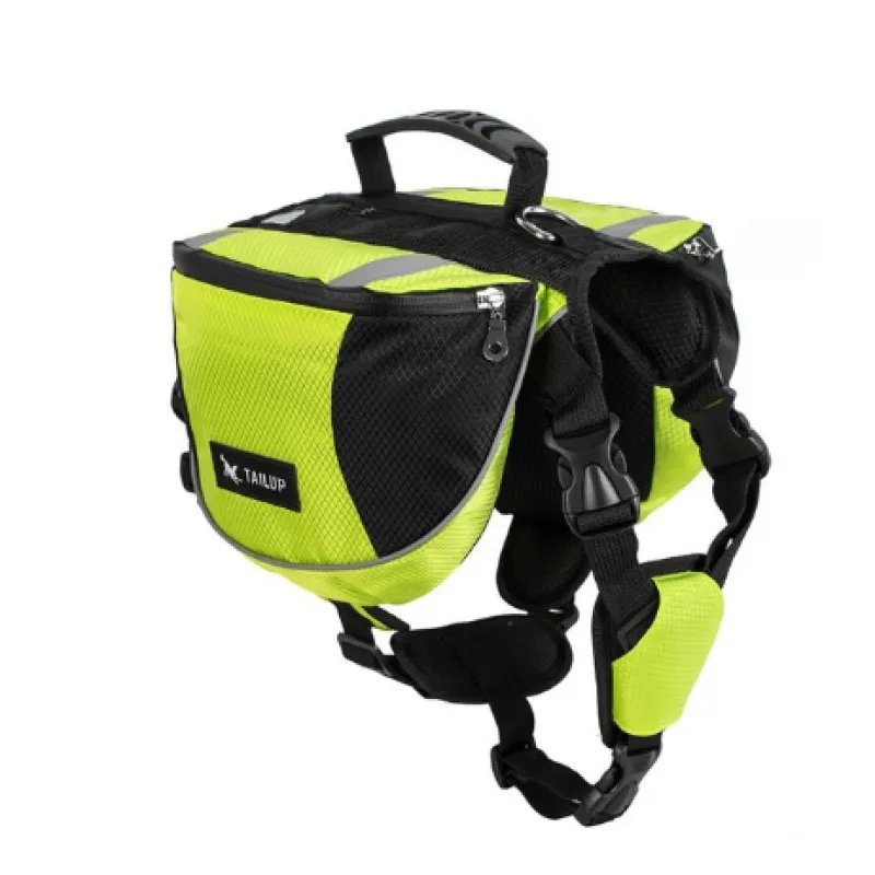 Yellow and black dog harness with a visible brand logo on a white background
