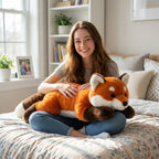 Woman sitting on a bed holding a plush fox toy in a cozy bedroom.