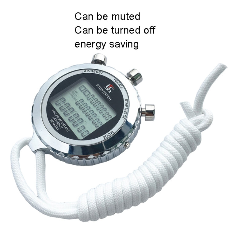 Digital stopwatch with white cord on a white background, featuring text about muting and energy saving.