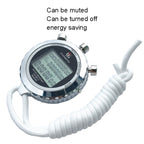 Digital stopwatch with white cord on a white background, featuring text about muting and energy saving.